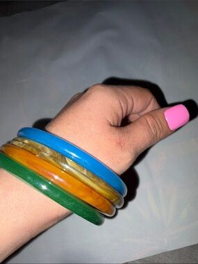 Colorful Vintage Bangle Bracelet Set - Blue, Green, Amber